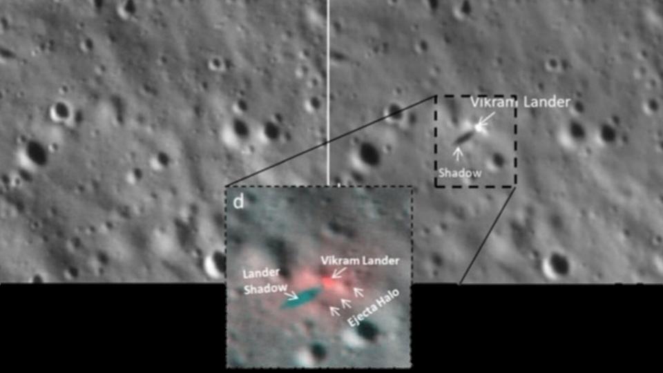 close up of the surface of the moon showing a bright 'ring' around a lander on its surface