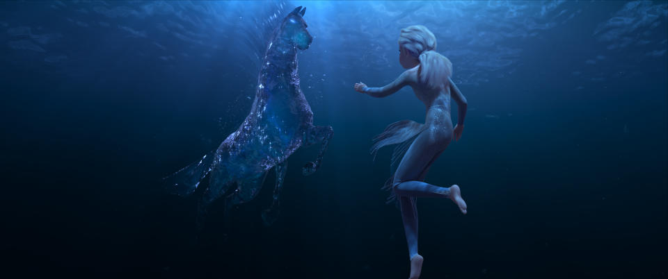 Elsa pictured with a mythical water spirit in Frozen 2 trailer