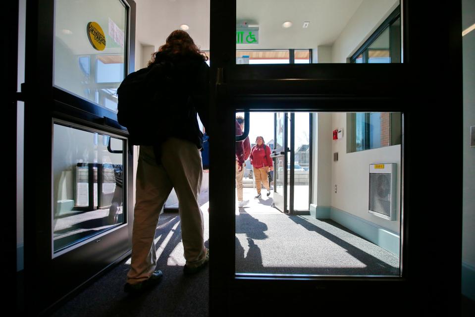 Students make their way between classes at the Joan & Irwin Jacobs Center for STEAM Education at Global Learning Charter Public School in New Bedford.