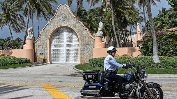 PHOTO: Local law enforcement officers patrol in front of the home of former President Donald Trump at Mar-A-Lago in Palm Beach, Fla., Aug. 9, 2022. (Giorgio Viera/AFP via Getty Images)