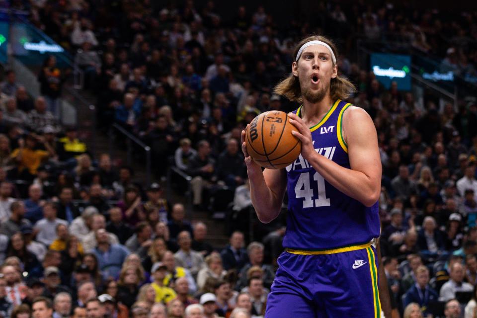 Utah Jazz forward Kelly Olynyk (41) reacts to a call by the referee during an NBA basketball game between the Utah Jazz and the New Orleans Pelicans at the Delta Center in Salt Lake City on Monday, Nov. 27, 2023. | Megan Nielsen, Deseret News