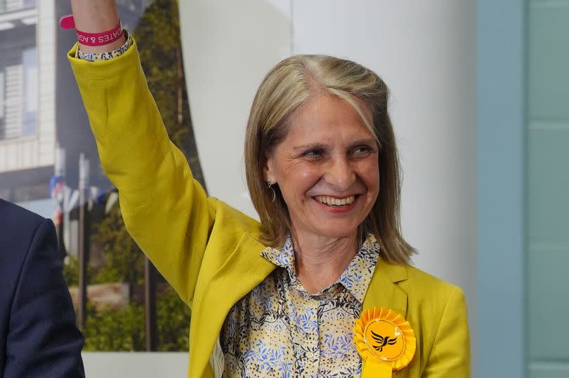 Liberal Democrat candidate Wera Hobhouse celebrates after winning in the Bath constituency in the 2024 General Election, at the Sports Training Village, University of Bath, in Somerset, . Picture date: Friday July 5, 2024. PA Photo. See PA story POLITICS Election. Photo credit should read: Jonathan Brady/PA Wire