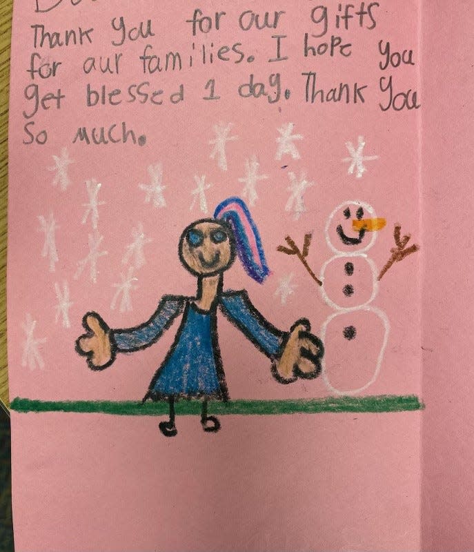 A thank you note from a student who shopped at Booker's Holiday House in 2021.