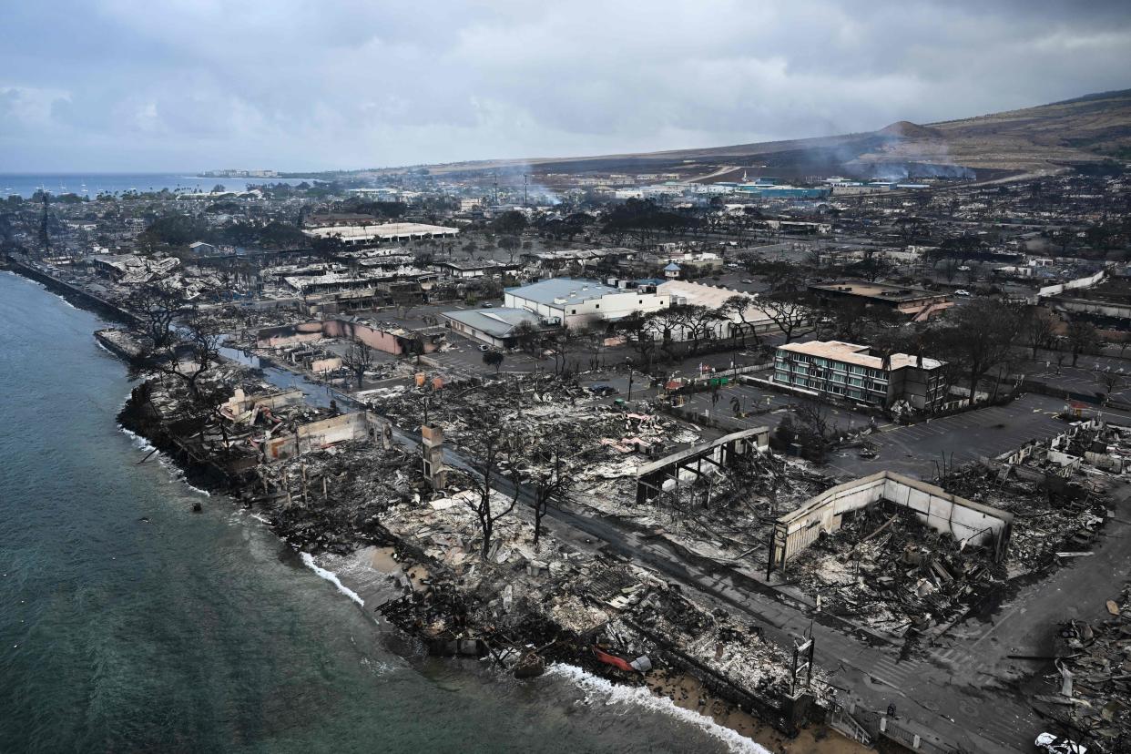 Homes and buildings on the waterfront burned to the ground in Lahaina, destroyed by wildfires in western Maui, Hawaii. 