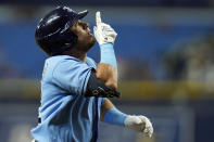 Tampa Bay Rays' Jonathan Aranda celebrates after his solo home run off Toronto Blue Jays starting pitcher Jose Berrios during the first inning of a baseball game Thursday, Sept. 22, 2022, in St. Petersburg, Fla. (AP Photo/Chris O'Meara)