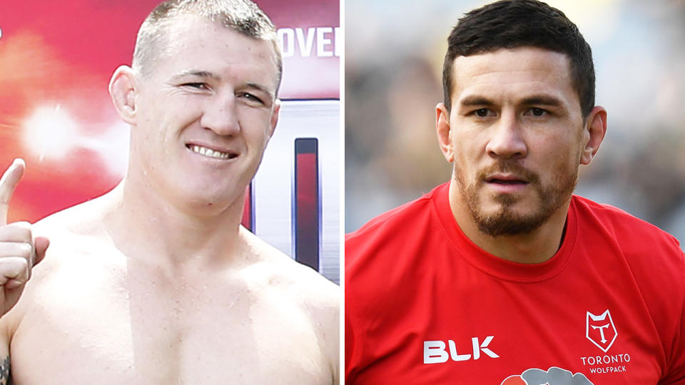 A 50-50 split image shows Paul Gallen on the left and Sonny Bill Williams on the right.