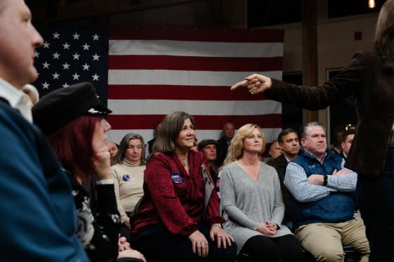 People listen to Haley speak after receiving the endorsement of New Hampshire Gov. Chris Sununu during a Town hall event at McIntyre Ski Area in Manchester, NH on Dec. 12, 2023.<span class="copyright">Sophie Park—Getty Images</span>