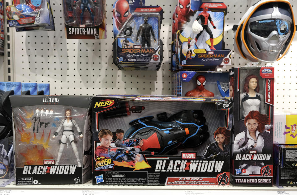 Merchandise for the upcoming Marvel Studios film "Black Widow" is displayed at a Target department store, Thursday, April 30, 2020, in Glendale, Calif. Despite film delays, toy production and gaming companies are staying on schedule, releasing a variety of products tied to major titles in hopes of weathering through the pandemic. Most products are already in retail, appearing on store shelves and being sold online several months to a year ahead of the film’s new release date. (AP Photo/Chris Pizzello)