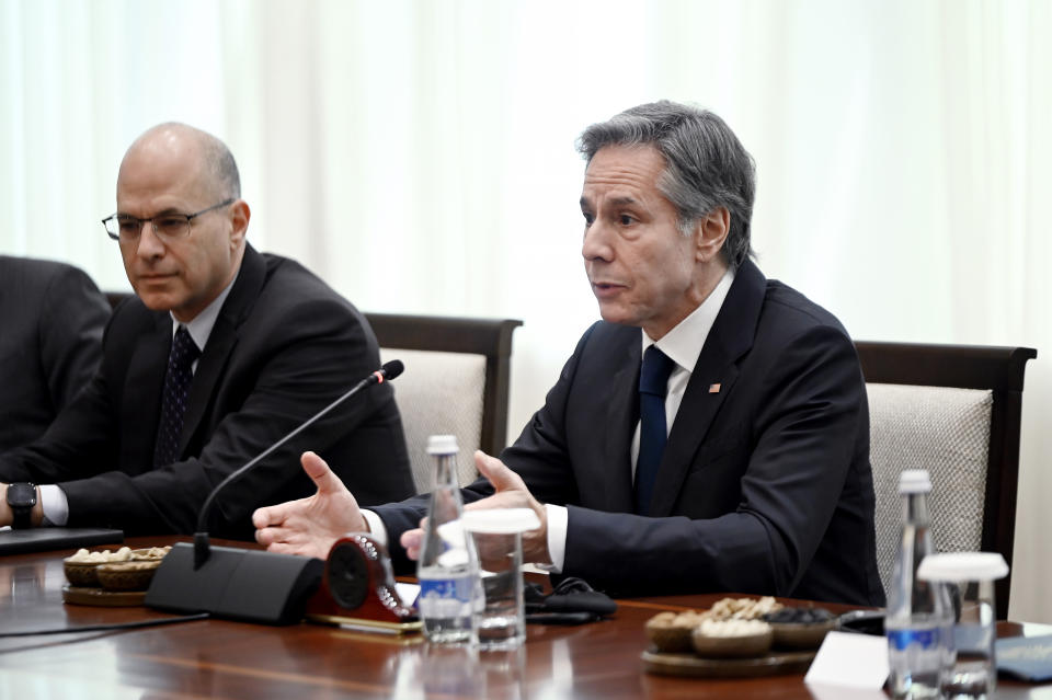 U.S. Secretary of State Antony Blinken speaks during a meeting with Uzbekistan Acting Foreign Minister Bakhtiyor Saidov at the National Library in Tashkent, Uzbekistan, Wednesday, March 1, 2023. (Olivier Douliery/Pool Photo via AP)