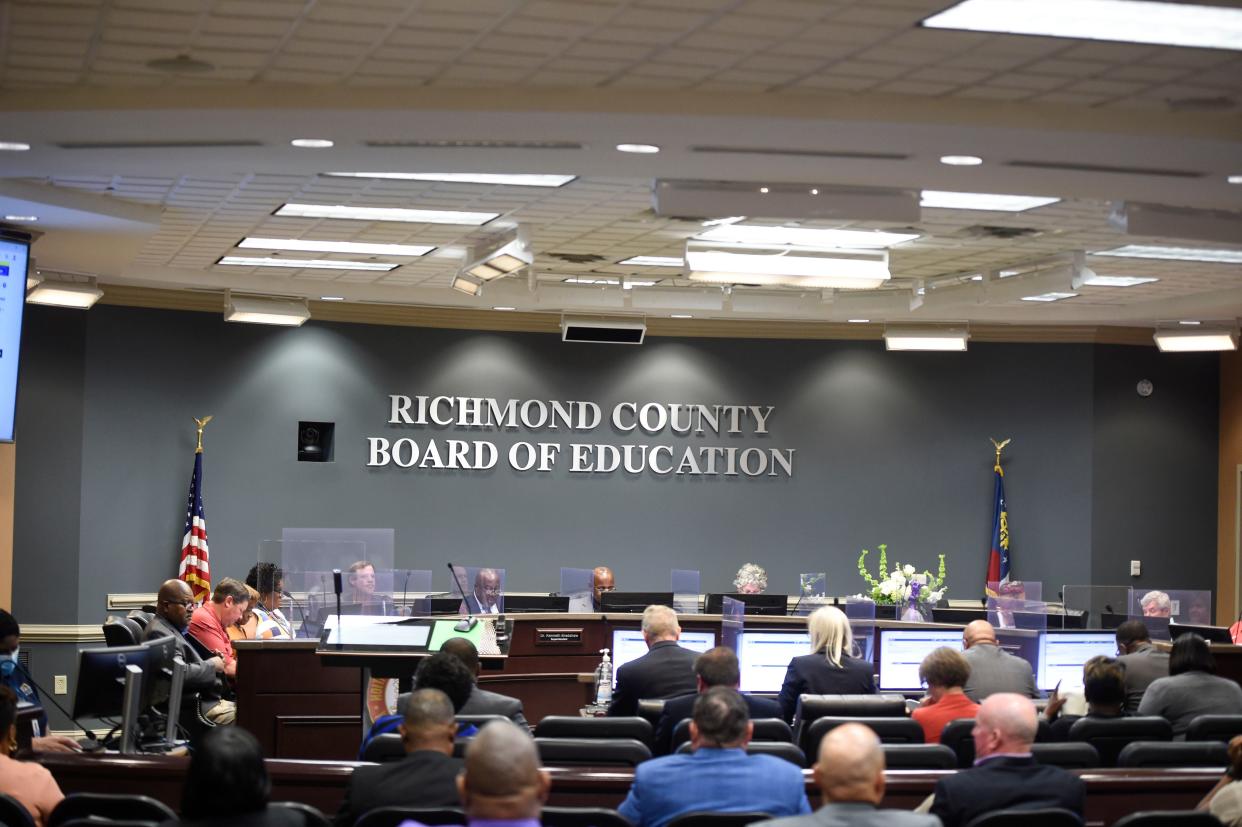 The school board gathers at the Richmond County Board of Education meeting on Tuesday, Sept. 20, 2022. Board members discussed taking action against recent violence, which would include cancelling upcoming homecoming parades and tailgates at football games. However, the motion did not pass.