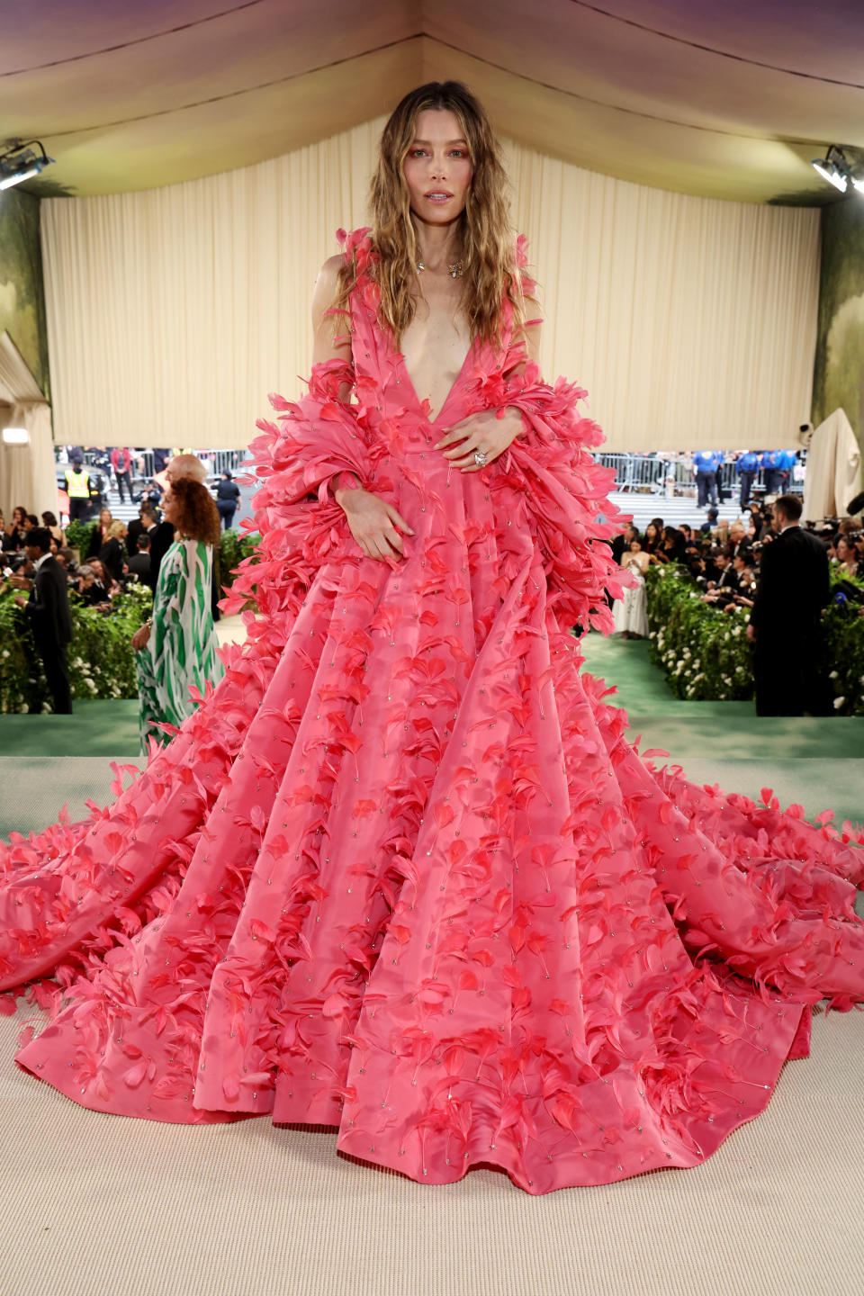 Jessica Biel stuns in her pink gown, which features hundreds of petals. Photo: Getty