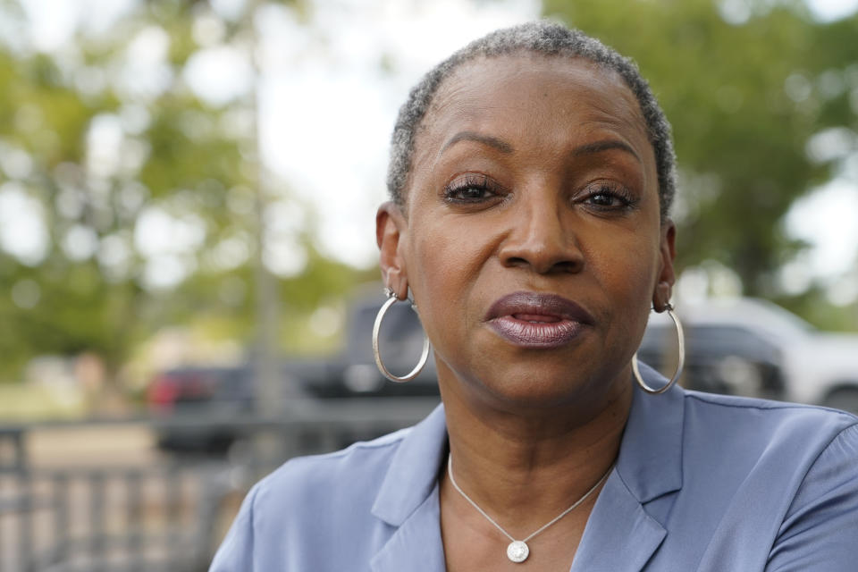 Vangela M. Wade, president and chief executive officer of Mississippi Center for Justice, discusses, Thursday, Oct. 14, 2021, in Madison, Miss., the center's project aimed at providing aid to low-income families to resolve legal questions and hold onto inherited land in more than half of Mississippi's counties. (AP Photo/Rogelio V. Solis)