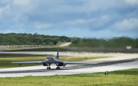 One of two U.S. Air Force B-1B Lancer bombers takes off for a 10-hour mission, to fly in the vicinity of Kyushu, Japan, the East China Sea, and the Korean peninsula, from Andersen Air Force Base, Guam August 8, 2017. U.S. Air Force/Tech. Sgt. Richard P. Ebensberger/Handout via REUTERS
