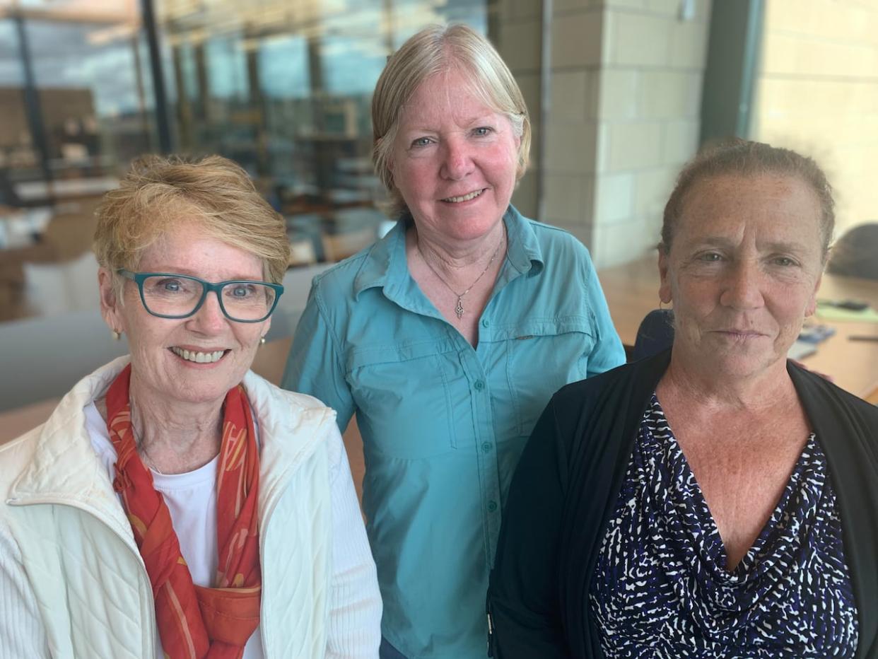 From left, Alice Redmond-Neal, Linda Layman and Maureen Bussone, pictured here at the provincial archives at The Rooms, in St. John's, met in person for the first time this summer. (Mark Quinn/CBC - image credit)