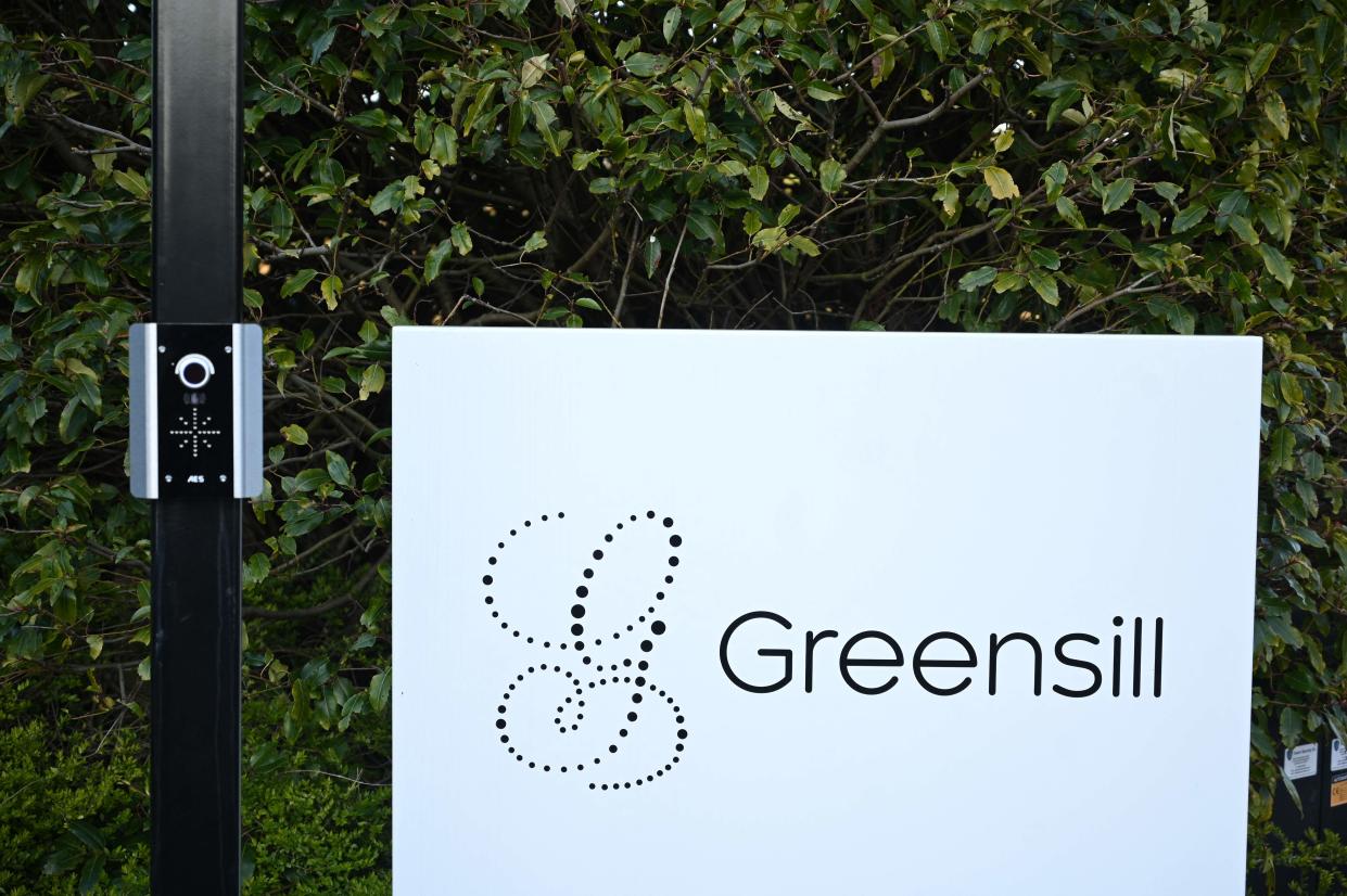 Signage is seen outside the offices of collapsed finance firm Greensill near Warrington (AFP via Getty Images)