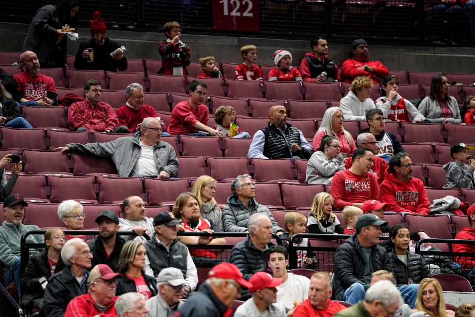 Nov 16, 2022; Columbus, OH, USA;  Fans watch during the first half of the NCAA men's basketball game between the Ohio State Buckeyes and the Eastern Illinois Panthers at Value City Arena. Mandatory Credit: Adam Cairns-The Columbus Dispatch