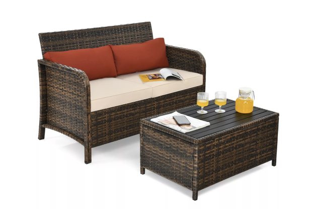 Costway 2PCS Patio Rattan Furniture Set Cushioned Loveseat Table