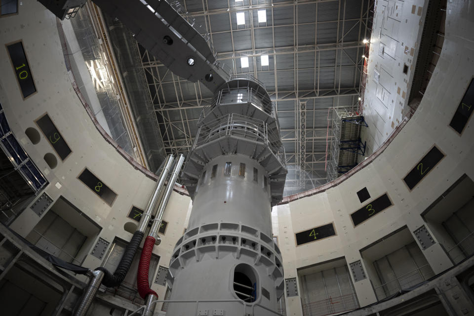 The ITER Tokamak machine is pictured in Saint-Paul-Lez-Durance, France, Thursday, Sept. 9, 2021. Scientists at the International Thermonuclear Experimental Reactor in southern France took delivery of the first part of a massive magnet so strong its American manufacturer claims it can lift an aircraft carrier. (AP Photo/Daniel Cole)