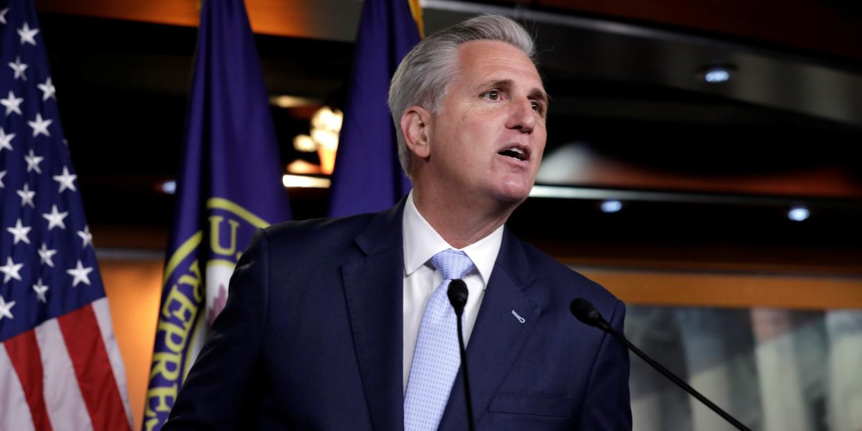 FILE PHOTO: House Republican Leader Kevin McCarthy (R-CA) speaks at his weekly news conference on Capitol Hill in Washington, U.S., June 25, 2020. REUTERS/Yuri Gripas