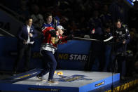 Chicago Blackhawks' Patrick Kane shoots during the Skills Competition shooting stars event, part of the NHL All-Star weekend, Friday, Jan. 24, 2020, in St. Louis. Kane won the event. (AP Photo/Jeff Roberson)