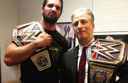 WWE champ Seth Rollins might want to watch his back on Sunday with Jon Stewart around.