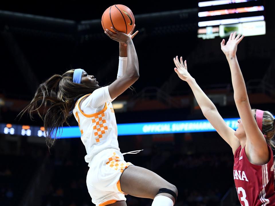 Tennessee forward Rickea Jackson (2) with a shot attempt during the NCAA college basketball game against Indiana on Monday, November 14, 2022 in Knoxville, Tenn.