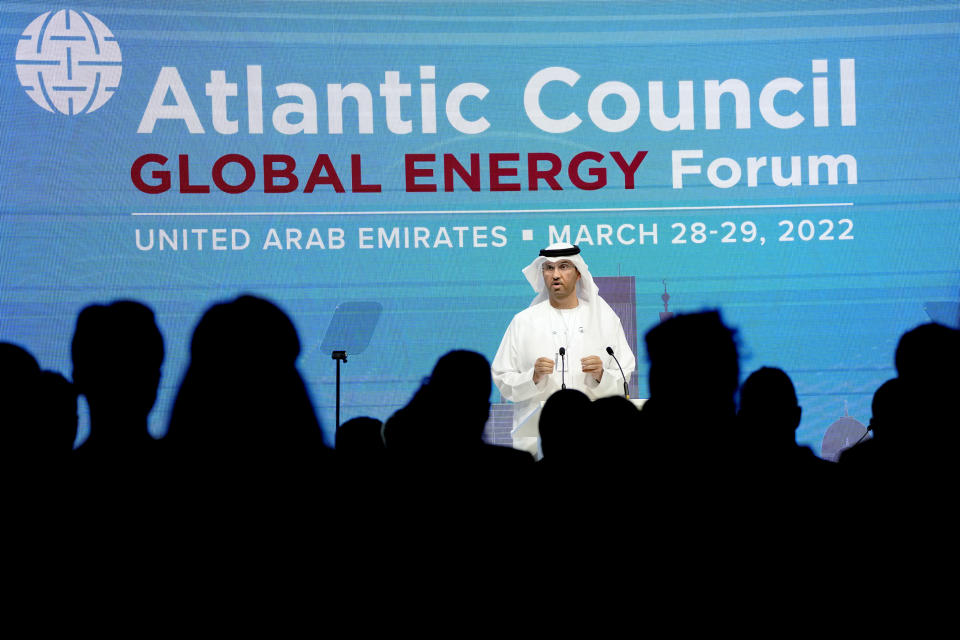 Sultan Ahmed al-Jaber, the Emirati Minister of State and the CEO of Abu Dhabi's state-run Abu Dhabi National Oil Co., speaks during the Atlantic Council's Global Energy Forum at the Dubai Expo 2020, in Dubai, United Arab Emirates, Monday, March 28, 2022. (AP Photo/Ebrahim Noroozi)