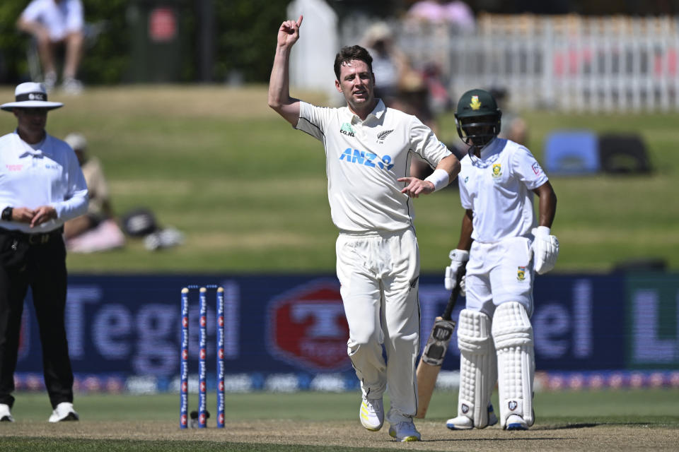 New Zealand bowler Matt Henry celebrates the dismissal of South Africa's Ruan de Swardt on day three of the first cricket test between New Zealand and South Africa at Bay Oval, Mt Maunganui, New Zealand, Tuesday, Feb. 6, 2024. (Photo: Andrew Cornaga/Photosport via AP)