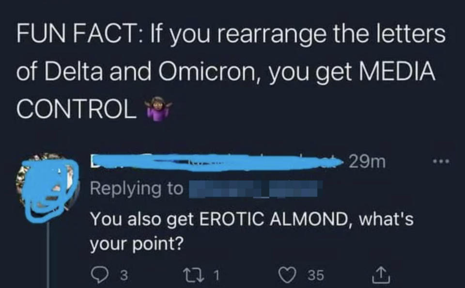 Two social media posts making anagrams from "Delta" and "Omicron" to spell "MEDIA CONTROL" and "EROTIC ALMOND."