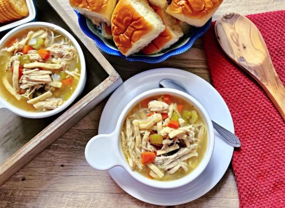 <p>Krista Marshall</p><p>This homemade spin of the soup from the beloved restaurant chain is filled with flavor from slow cooking all day long, tender chicken and thick noodles like <a href="https://www.yahoo.com/lifestyle/60-gift-ideas-grandma-shell-225204151.html" data-ylk="slk:grandma;elm:context_link;itc:0;sec:content-canvas;outcm:mb_qualified_link;_E:mb_qualified_link;ct:story;" class="link  yahoo-link">grandma</a> used to make. </p><p><strong>Get the recipe: <a href="https://parade.com/1285053/kristamarshall/copycat-bob-evans-chicken-and-noodles/" rel="nofollow noopener" target="_blank" data-ylk="slk:Copycat Bob Evans Chicken and Noodles;elm:context_link;itc:0;sec:content-canvas" class="link ">Copycat Bob Evans Chicken and Noodles</a></strong></p>