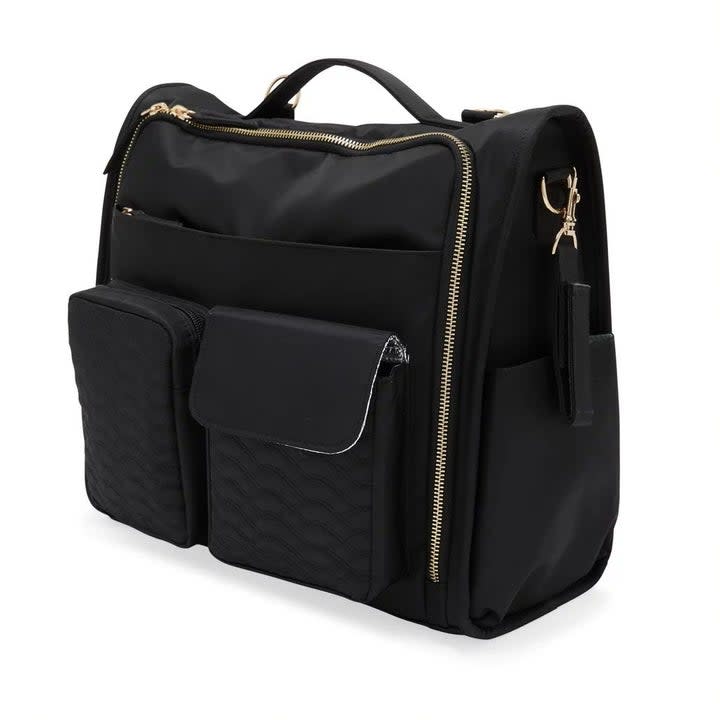 The bag in black, feature a front zip and top handle