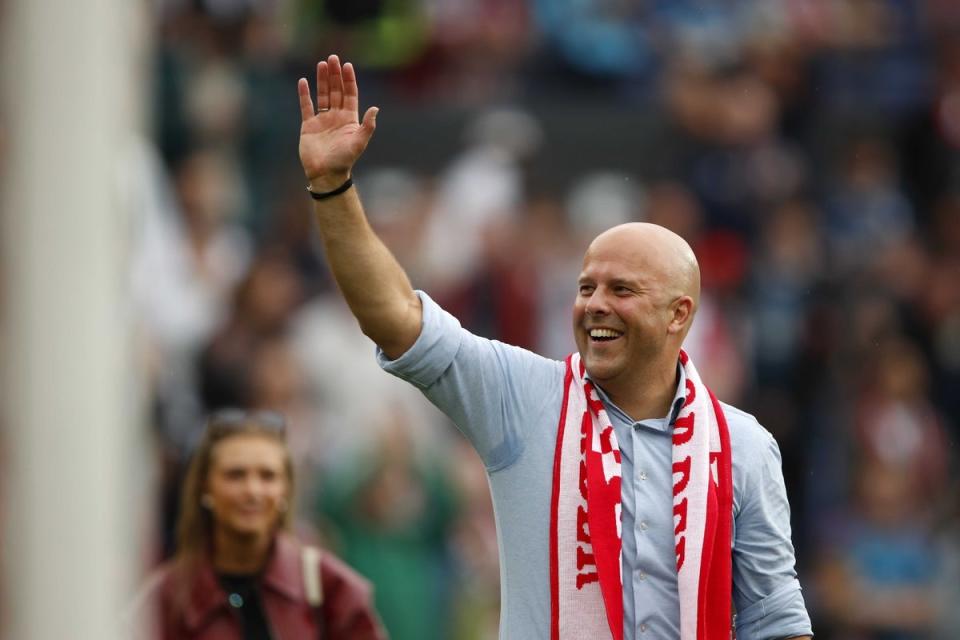 Arne Slot waves to the crowd after his final game in charge of Feyenoord (EPA)