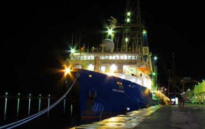 The drillship JOIDES Resolution in port in Barbados, just before the start of the expedition in September 2011.