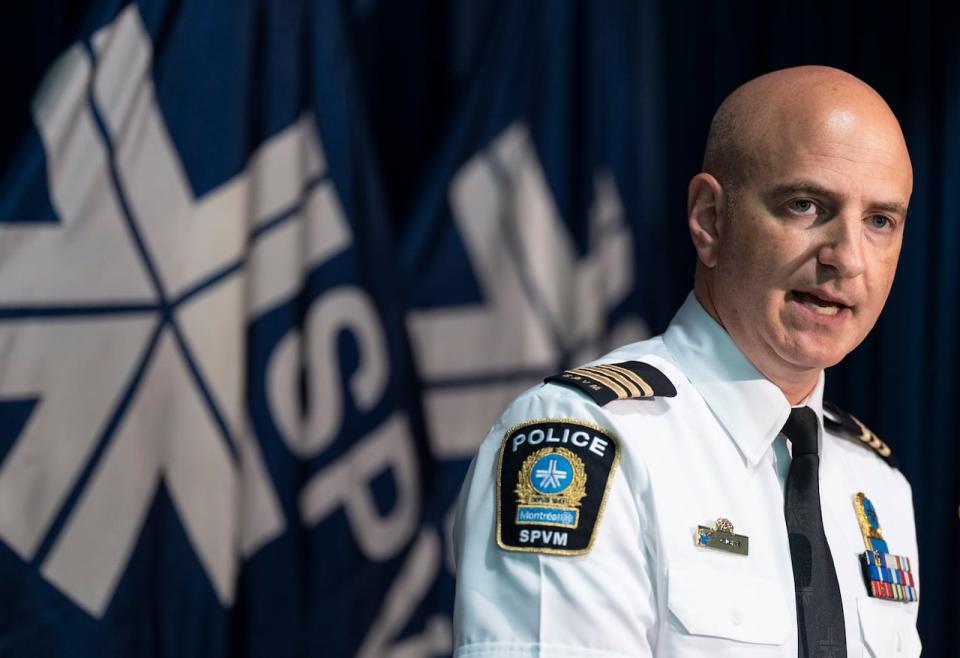 Montreal police Insp. David Shane speaks to the media at a press conference in Montreal, Monday, Aug. 28, 2023.  Police say the fire last March that killed seven people in a heritage building in Old Montreal has turned into a police investigation. THE CANADIAN PRESS/Christinne Muschi