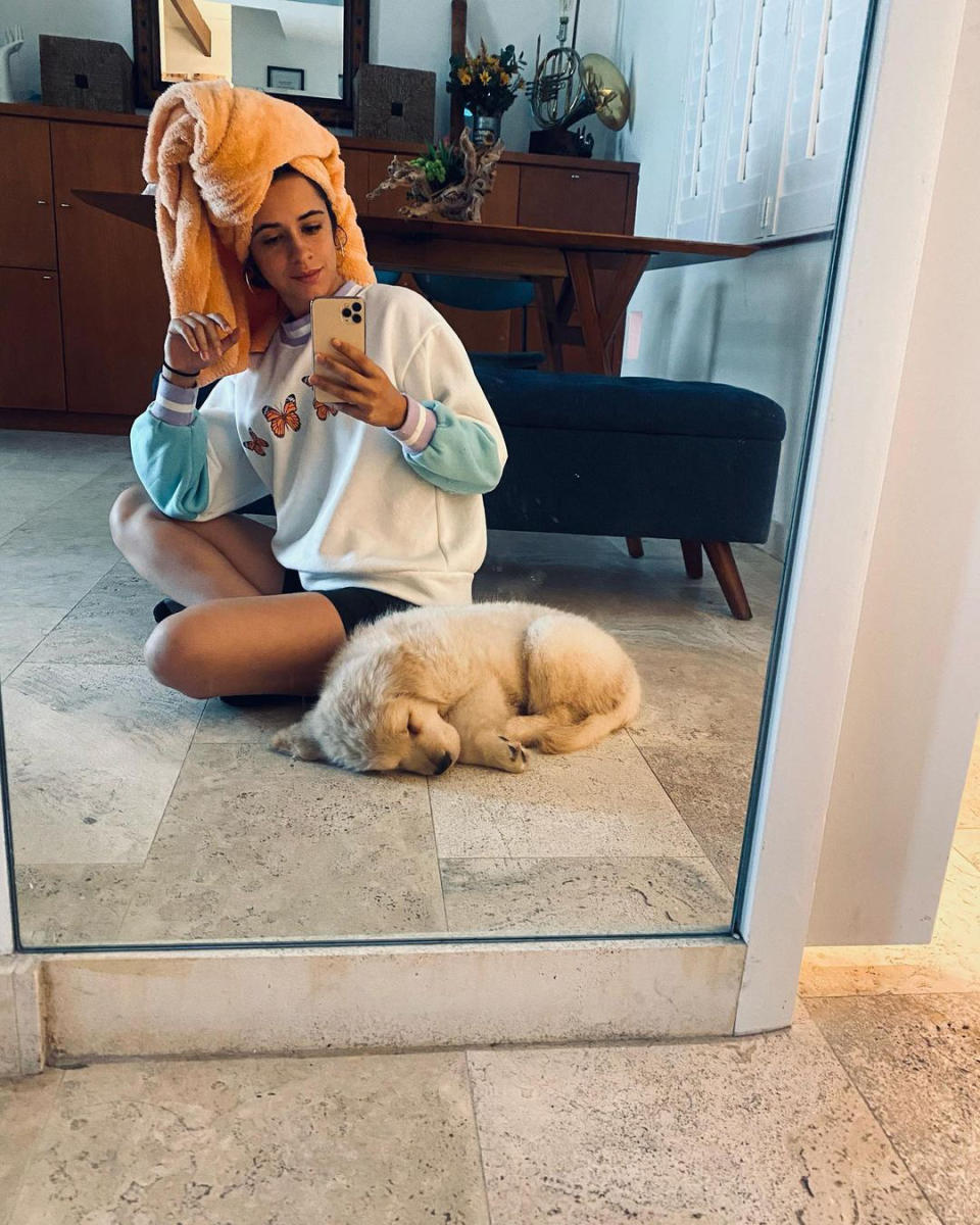 <p>The singer snapped a selfie on the floor with "<a href="https://www.instagram.com/p/CH-5wMNpp0B/" rel="nofollow noopener" target="_blank" data-ylk="slk:mi niño;elm:context_link;itc:0;sec:content-canvas" class="link ">mi niño</a>", Tarzan, the new pup she <a href="https://people.com/pets/shawn-mendes-camila-cabello-introduce-dog-tarzan/" rel="nofollow noopener" target="_blank" data-ylk="slk:adopted with boyfriend Shawn Mendes;elm:context_link;itc:0;sec:content-canvas" class="link ">adopted with boyfriend Shawn Mendes</a>. </p>