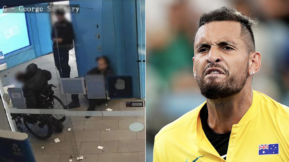 Nick Kyrgios (pictured right) was one athlete to slam two individuals (pictured left) for allegedly robbing a wheelchair bound man at a bank. (Images: NSW Police/Getty Images)