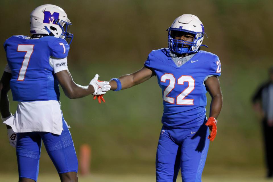 Millwood's Anthony Keys, right, celebrates with Jaden Nickens after Keys scored a touchdown during a high school football game between Millwood and OCS in Oklahoma City, Friday, Oct. 20, 2023.