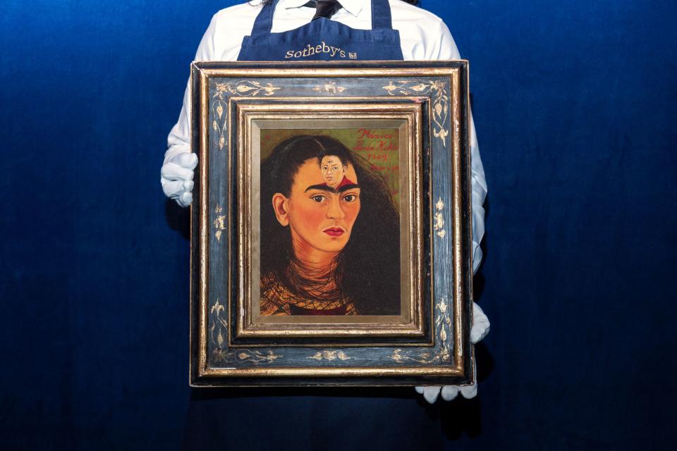 An undated photo released on September 22, 2021 courtesy of Sotheby's New York shows a Frida Kahlo self-portrait entitled 'Diego y yo'. Sotheby's hopes to exceed US$ 30 million when it’s auctioned, with a 1940's self-portrait of the legendary Mexican painter Frida Kahlo, where her husband Diego Rivera also appears, at the November auction in New York, which would set the record for a Latin American work.  - RESTRICTED TO EDITORIAL USE - MANDATORY CREDIT 