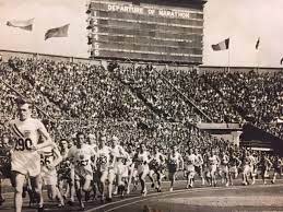 Dover's Ted Vogel (290) running the marathon at the 1948 Olympics in London.