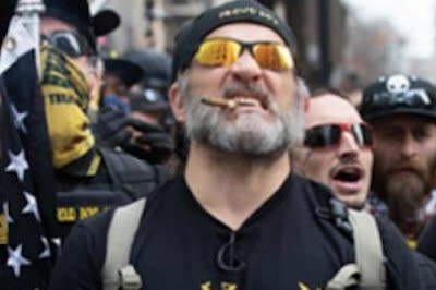 On Jan. 6, Proud Boys member Dominic Pezzola (pictured) was seen inside the U.S. Capitol having a 'victory smoke' during the insurrection that rocked D.C. that day, prosecutors said. On Friday, he was sentenced to 10 years in prison. Later in the day, his associate, Ethan Nordean, was sentenced to 18 years in prison for his participation in the riots. Photo courtesy of prosecutors' sentencing memo