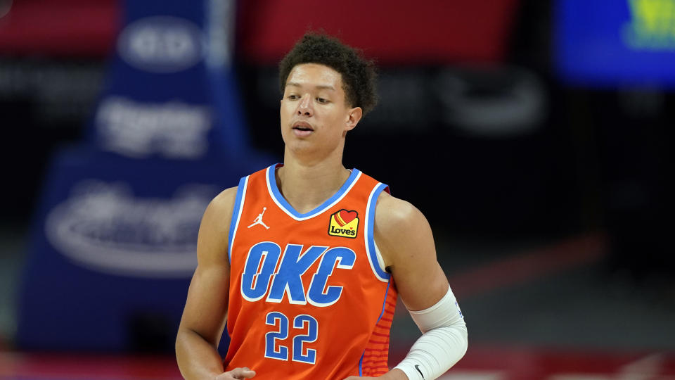 Oklahoma City Thunder center Isaiah Roby plays during an NBA basketball game, Friday, April 16, 2021, in Detroit. 