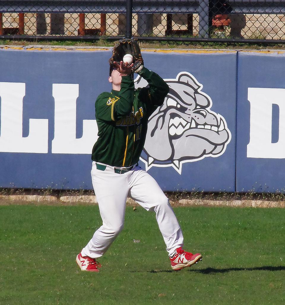 Rockland continued to pose another scoring threat late in the game played on Wednesday, April 20, 2022, but South Shore Vocational's Jake Googins shuts it down with a solid catch in right field to end the inning. 