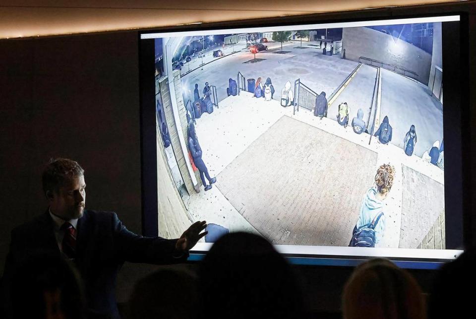 Tarrant County Assistant Criminal District Attorney Lee Sorrells shows the jury a surveillance video on Tuesday of the shooting at Lamar High on March 20 that killed student Ja’Shawn Poirier.