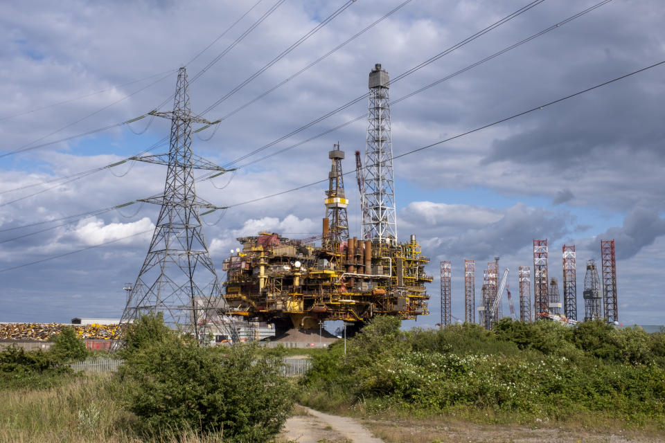 The Brent Bravo Delta oil platform topsides in Able Seaton Port, Hartlepool, North East England, UK.   This was the heaviest single cargo ever to be lifted in the history of the oil and gas industry was brought to Seaton to be scrapped. The aim is to recycle 98% of the structure.  (photo by Andrew Aitchison / In pictures via Getty Images)