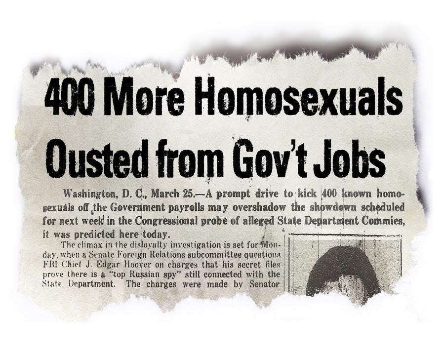 A headline describing government employees being fired due to their sexuality.