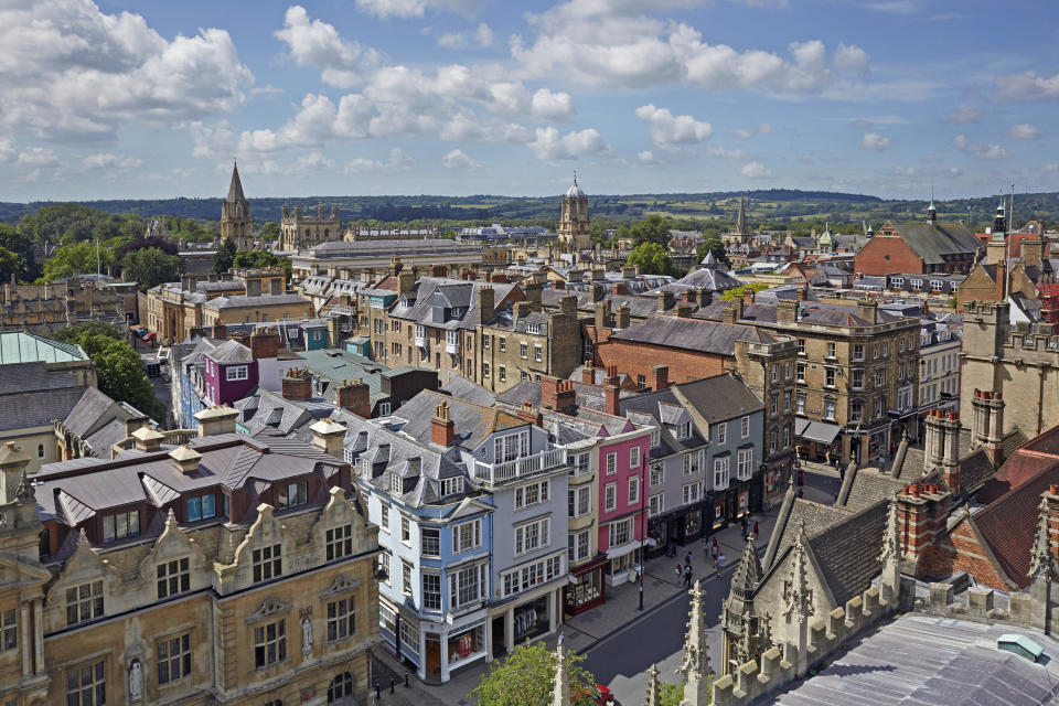 Oxford Elevated panorama of the High Street and cityscape of Oxford under blue skies.