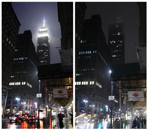 El famoso Empire State Building de Nueva York momentos antes de la 'Hora del Planeta' (izq), un apagón de 60 minutos para recaudar fondos y concienciar contra el cambio climático, y durante ese rato (dcha), el 29 de marzo de 2014 (AFP | Timothy A. Clary)