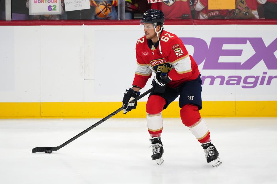 Nov 20, 2023; Sunrise, Florida, USA; Florida Panthers defenseman Brandon Montour (62) warms up prior to the game against the Edmonton Oilers Amerant Bank Arena. Mandatory Credit: Jasen Vinlove-USA TODAY Sports