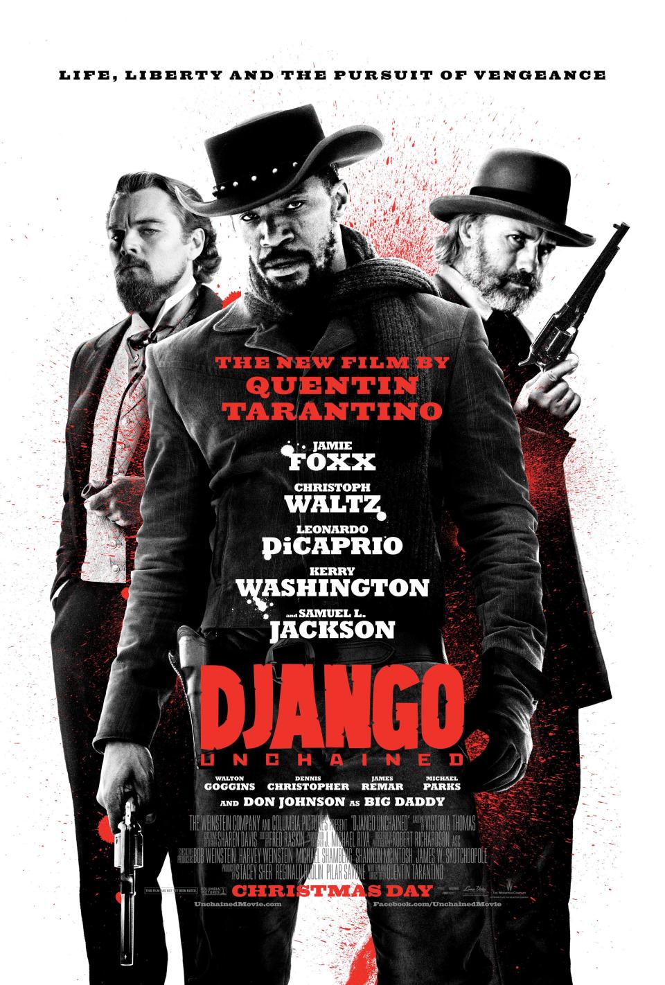 DJANGO UNCHAINED, US poster art, from left: Leonardo DiCaprio, Jamie Foxx, Christoph Waltz, 2012. ©Weinstein Company/courtesy Everett Collection