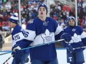 <p>TORONTO, ON – JANUARY 1: Mitchell Marner #16 of the Toronto Maple Leafs watches a flying puck in the warm-up prior to play against the Detroit Red Wings during the 2017 Scotiabank NHL Centennial Classic at BMO Field On January 1, 2017 in Toronto, Ontario, Canada. (Photo by Claus Andersen/Getty Images) </p>